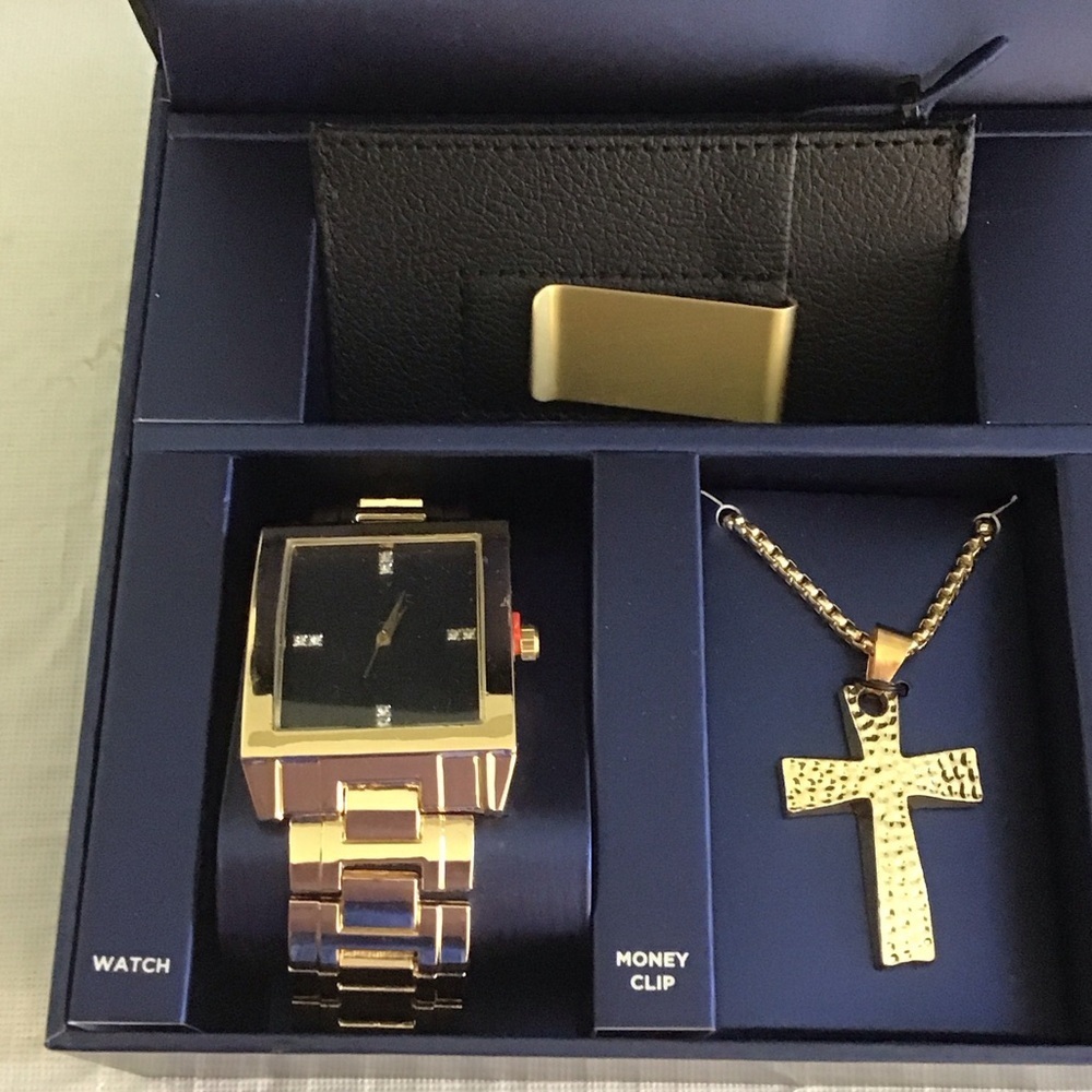 Gold Tone Square Face Watch with Gold Cross Necklace and money Clip